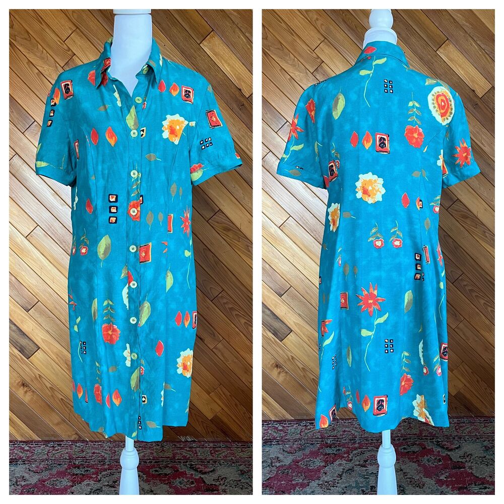 Vintage 90s Teal Floral Abstract Shirt Dress